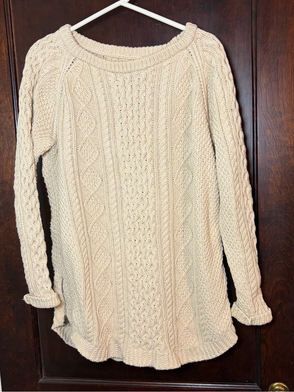 LL Bean Women's Sweater Size Large Ivory Signature Fisherman Tunic Cotton Zip